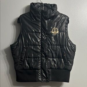 Y2K Dereon Black Puffer Vest with Gold Logo SZ XL